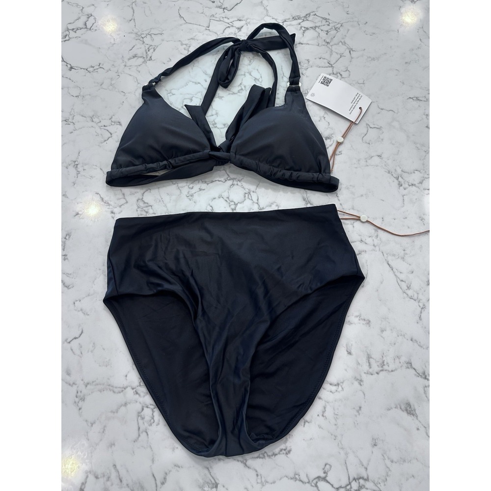New Quince Black Italian Full Coverage Ring Triangle Bikini Top High Rise Bottom